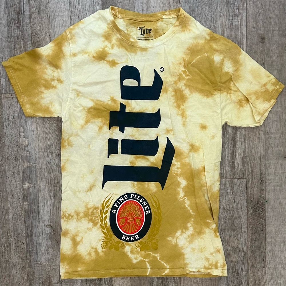 Official Miller Lite Beer Yellow Tie Dye Graphic T-Shirt 100% Cotton Size Small